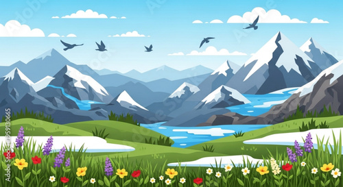Snow capped mountains serene river and vibrant wildflowers under a blue sky with flying birds natural landscape scenery