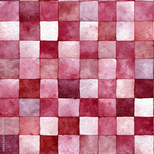 Watercolor checkerboard pattern with blush pink and red squares creating soft, artistic tile design perfect for backgrounds and decorative projects