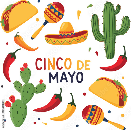 Cinco de Mayo Celebration Vector Illustration with Mexican Food, Maracas, Cactus, and Sombrero on White Background