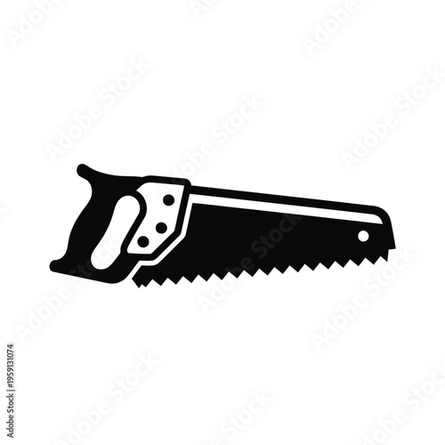 Black and white silhouette of a hand saw tool with teeth