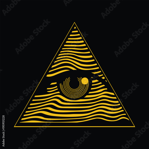 Modern Line Art Eye Pyramid Symbol with Wavy Texture Illustration
