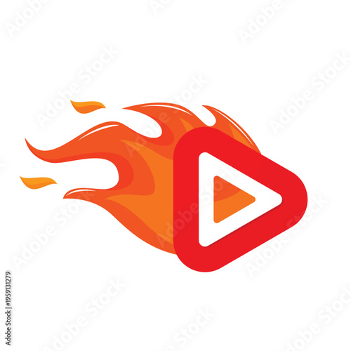 An illustration of a modern flat design play button, with a fire effect as a visual metaphor for streaming and fast content delivery. Red and orange colors create a vibrant and eye catching design.