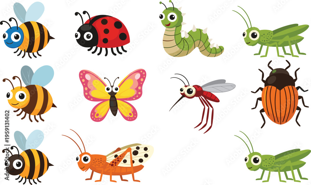 Obraz premium Cute insect cartoon set with bees ladybug butterfly caterpillar mosquito beetle and grasshopper colorful vector illustration collection for kids