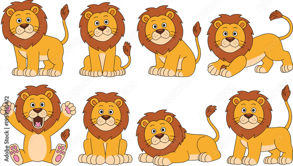 Fototapeta premium Cute lion cartoon characters collection with different poses sitting lying and playing animal vector illustration set