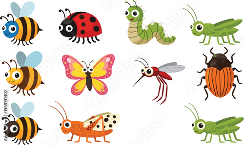 Cute insect cartoon set with bees ladybug butterfly caterpillar mosquito beetle and grasshopper colorful vector illustration collection for kids