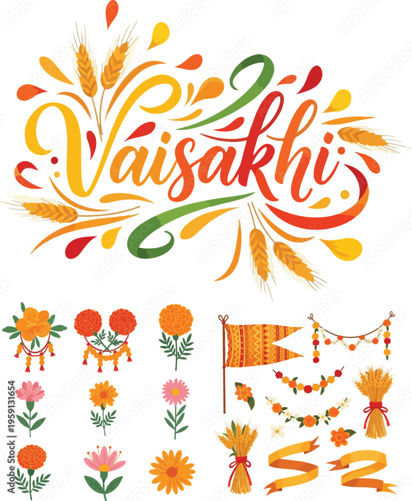 Obraz premium Vaisakhi Baisakhi Punjabi New Year Harvest Festival Graphic Set
