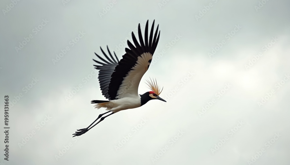 Fototapeta premium Secretary bird with striking plumage soars against overcast sky. Its long legs trail behind as it glides through air. Bird shows black wings white body and distinctive head crest.