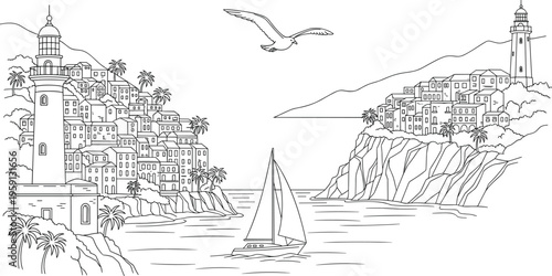 Picturesque Coastal Vista Illustration with Charming Cliffside Villages, Majestic Lighthouses, a Graceful Sailboat on the Ocean, and a Soaring Seagull, Evoking Tranquil Mediterranean Beauty