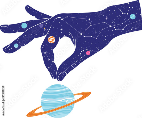 Hand holding a planet with rings, surrounded by stars and constellations in a cosmic, celestial scene