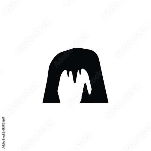 Black and white silhouette of a cave entrance with stalactites