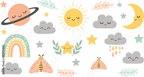 Cute sky elements collection with sun moon clouds rainbow stars and moths pastel cartoon vector illustration set