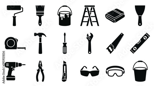 Construction Tools Vector Illustration Set – Black Silhouettes of Paint Roller, Brush, Ladder, Hammer, Drill, Saw, Wrench, Screwdriver – DIY Equipment Art for Branding