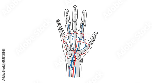 Detailed anatomical illustration of the human hand, showcasing the intricate network of arteries, veins, and skeletal structure for medical education and study