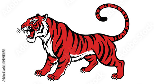 Aggressive Red Tiger Illustration with Open Mouth and Roaring