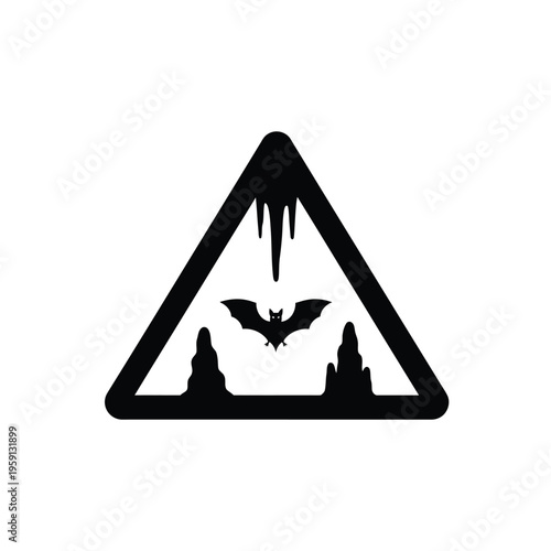 Black triangular warning sign with bat and icicles