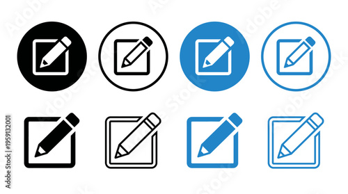 Pencil Icon Vector Illustration Set – Edit and Write Symbols in Black and Blue Variations – User Interface Graphic Art for Apps, Websites, and Branding