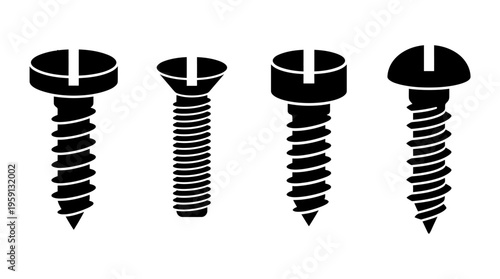 Screw Vector Illustration Set – Black Silhouettes of Flat, Round, Countersunk, and Threaded Fasteners – Construction, Assembly, Hardware Tools Art for Industrial Branding