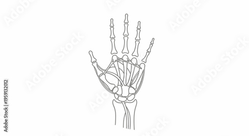 Detailed anatomical illustration of a human hand skeleton, showcasing the intricate structure of bones and joints for medical and educational purposes