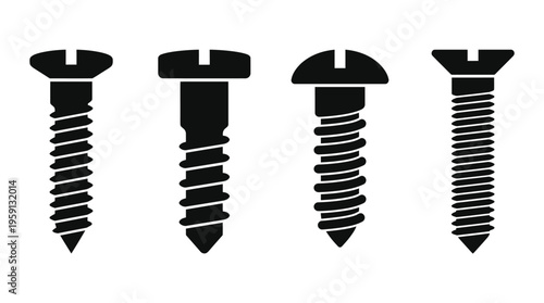 Screw Vector Illustration Set – Black Silhouettes of Flat, Round, Countersunk, and Threaded Fasteners – Construction, Assembly, Hardware Tools Art for Industrial Branding