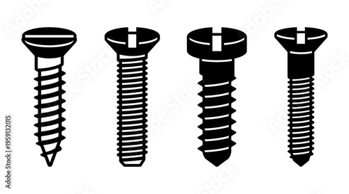 Screw Vector Illustration Set – Black Silhouettes of Flat, Round, Countersunk, and Threaded Fasteners – Construction, Assembly, Hardware Tools Art for Industrial Branding