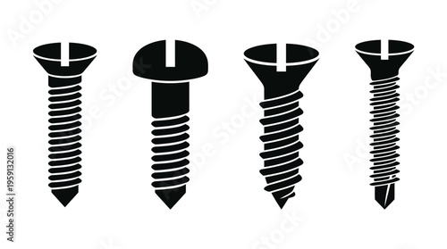 Screw Vector Illustration Set – Black Silhouettes of Flat, Round, Countersunk, and Threaded Fasteners – Construction, Assembly, Hardware Tools Art for Industrial Branding