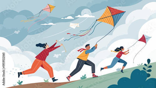 Three people competing with colorful kites on a sunny hilltop with clouds