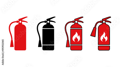 Fire Extinguisher Vector Illustration Set – Safety Equipment Icons in Red and Black with Flame Symbols – Emergency Signage Art for Fire Protection and Prevention