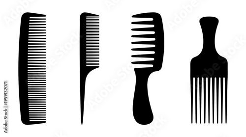 Comb Vector Illustration Set – Fine, Rat-Tail, Wide-Tooth, and Afro Pick Hair Styling Tools – Black Silhouettes for Salon, Barber, Grooming, and Beauty Branding