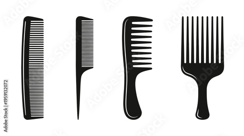 Comb Vector Illustration Set – Fine, Rat-Tail, Wide-Tooth, and Afro Pick Hair Styling Tools – Black Silhouettes for Salon, Barber, Grooming, and Beauty Branding