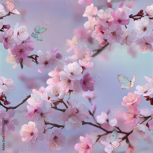 Cherry blossom branch with delicate pink flowers and pastel butterflies fluttering gently, creating soft and dreamy spring atmosphere with blurred gradient sky background