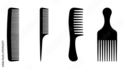 Comb Vector Illustration Set – Fine, Rat-Tail, Wide-Tooth, and Afro Pick Hair Styling Tools – Black Silhouettes for Salon, Barber, Grooming, and Beauty Branding
