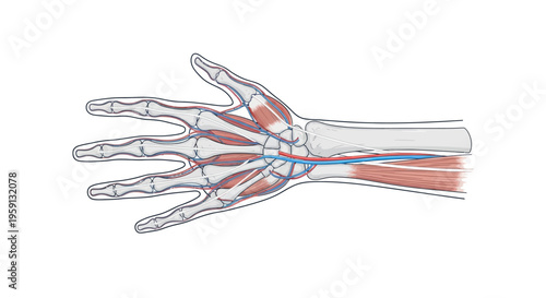 Detailed anatomical illustration of the human hand, showcasing skeletal structure, muscular system, arteries, and veins for medical and educational study