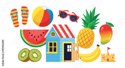 Summer Beach Vacation Icons: Beach House, Fruits, Flip Flops, Sunglasses, Beach Ball