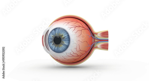 Advanced 3D rendering of the human eye, showcasing its complex anatomical structure with visible optic nerve and blood vessels, symbolizing vision and health