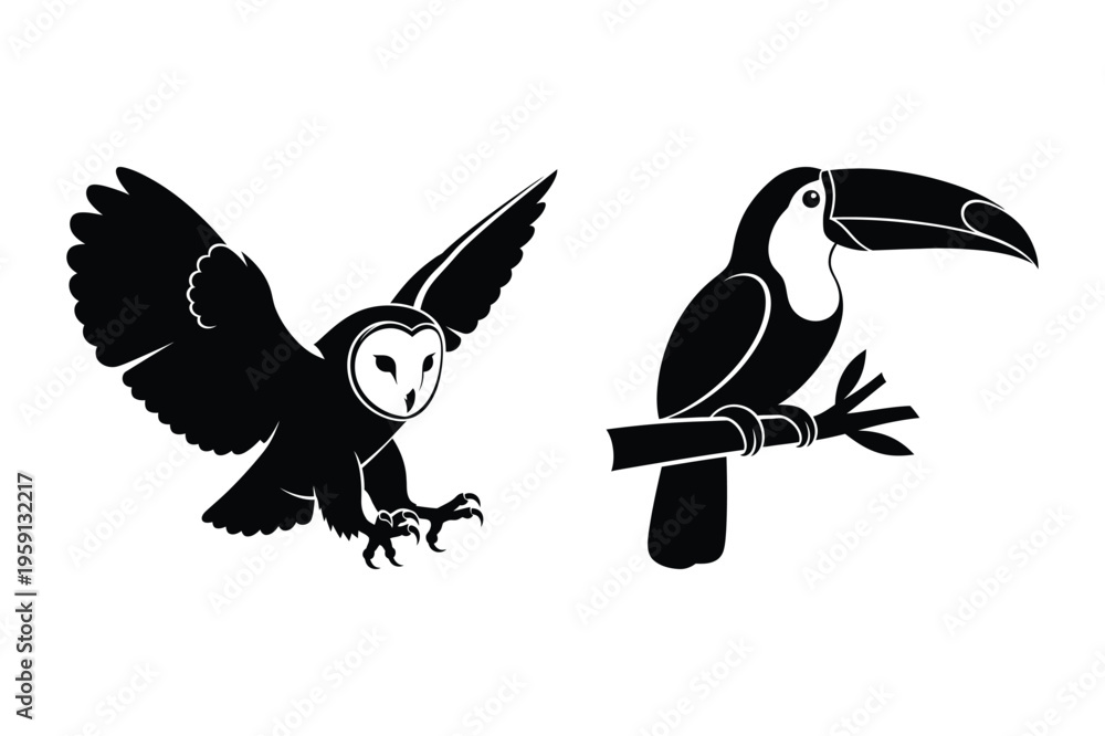 Obraz premium Silhouette of flying owl and toucan on branch vector