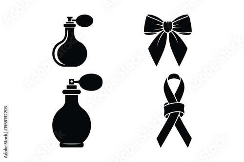 Black silhouette icons: perfume bottles, bow tie, ribbon, perfume bottle