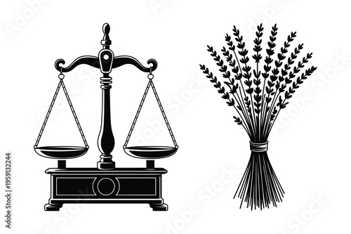 Vintage scales of justice and wheat sheaf silhouette