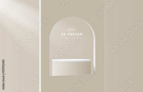 Realistic white cream 3d cylinder podium with arch shape window and light shining from left corner make product focused. Minimal wall scene for product mockup. 3d vector geometric form design.