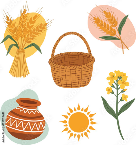 Baisakhi Festival Elements Collection with Wheat Stalks, Traditional Clay Pot, Wicker Basket, and Mustard Flowers on White Background