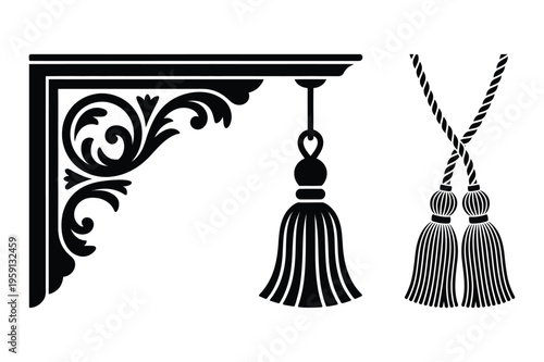 Ornate black corner bracket and tassel decorations vector icons