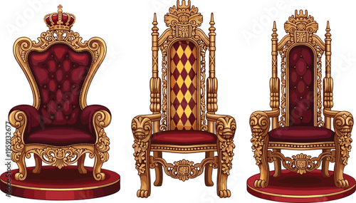 Royal throne chairs set ornate golden king queen seats luxury cartoon vector illustration