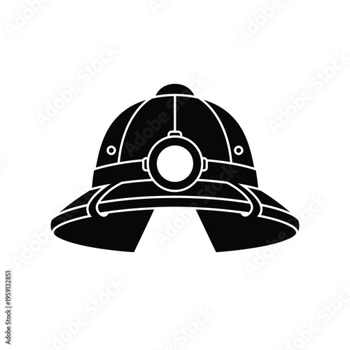 Black and white mining helmet with headlamp and brim