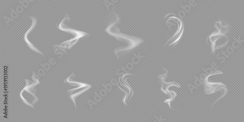 Realistic white cloud or fire smoke in the sky and vector weather element on transparent background. Chimney smoke, fog wave or cloud pattern with overlay effect. Cloud art or smoky air illustration.