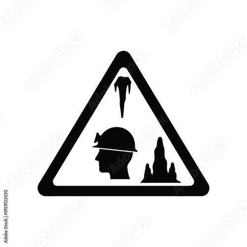Black triangular warning sign with helmet and icicles