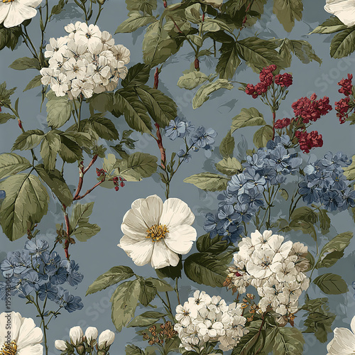 Classic English garden floral pattern with white, blue, and red flowers and green leaves on muted blue background, creating refined vintage aesthetic with natural elegance