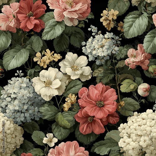 Classic English garden floral pattern with refined vintage style, featuring soft pink, white, and cream flowers with lush green leaves on dark background, evoking timeless elegance and beauty