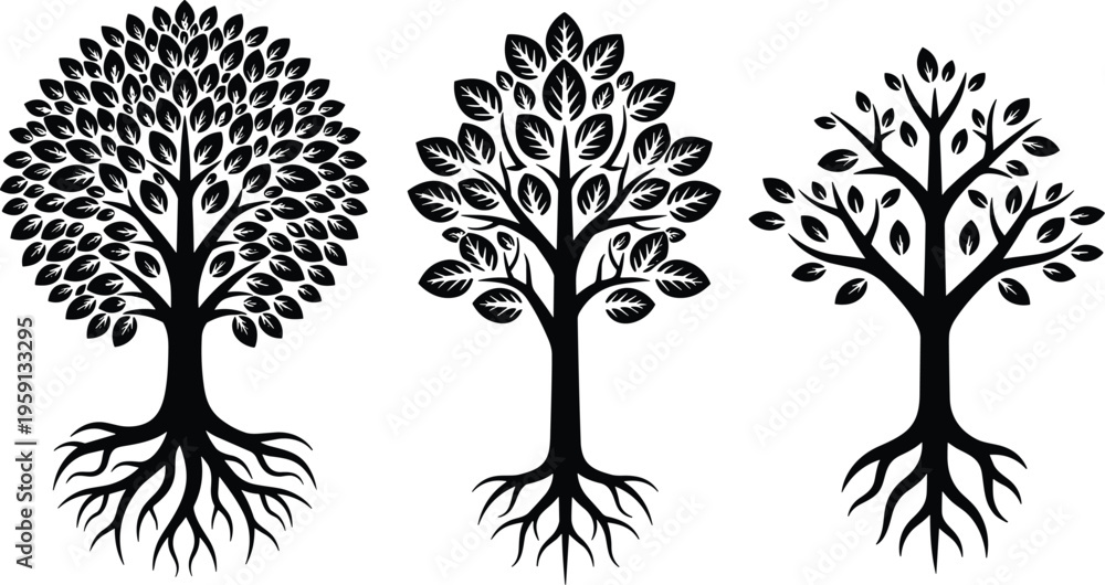Obraz premium Tree silhouettes set with roots and branches black nature vector illustration collection