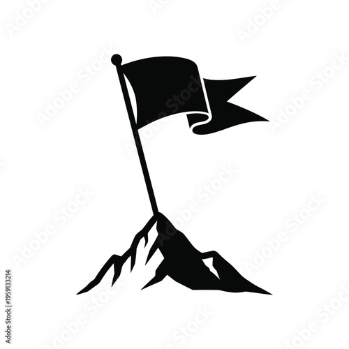 Black flag on of a mountain peak silhouette