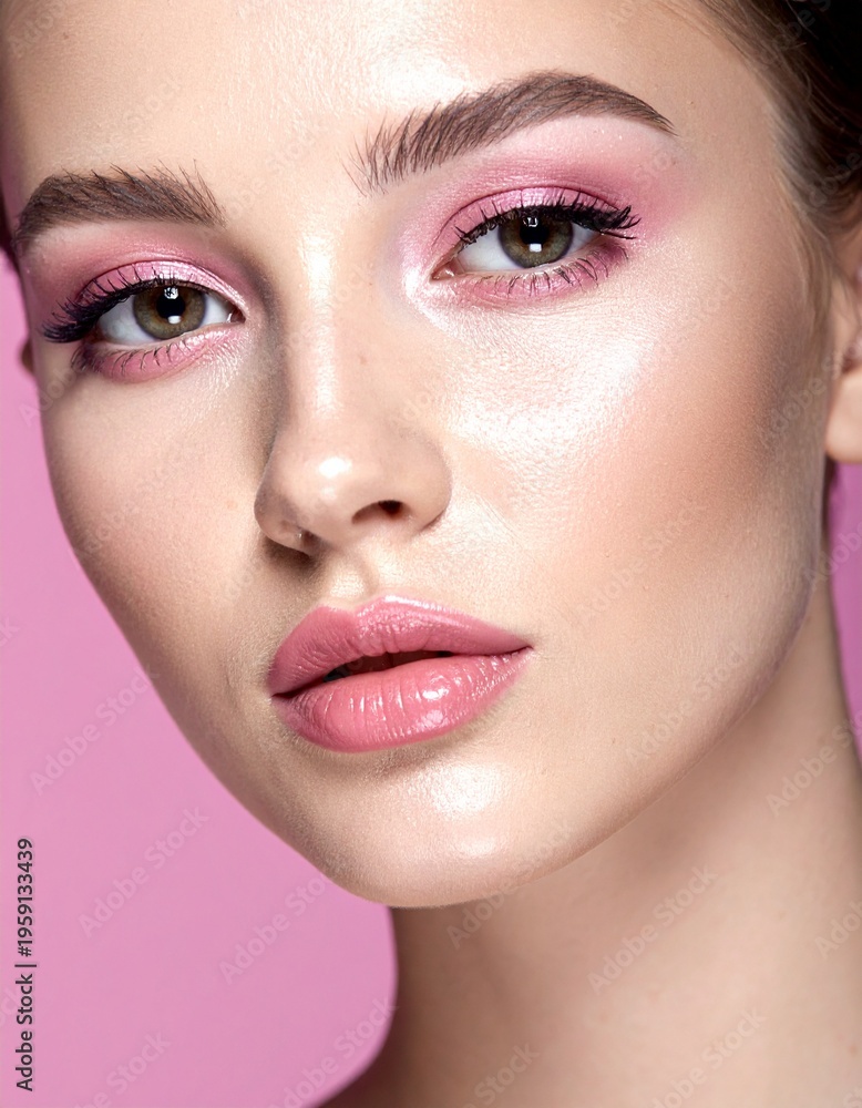 Fototapeta premium Close-up portrait of a woman with soft pink tones and glossy skin looking directly