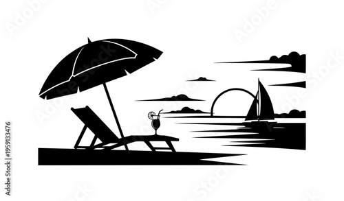 Tropical beach relaxation silhouette with umbrella chair drink and sailboat sunset black and white vector